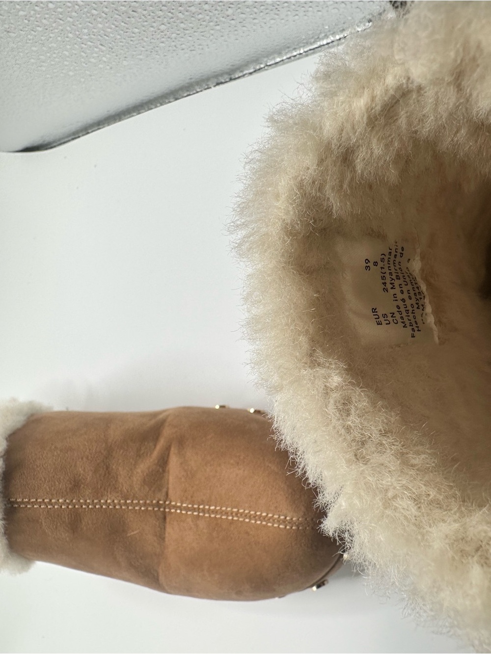 H&M Chestnut Suede Shearling-Trim Clog Mules with Gold Studs - Picture 8 of 8